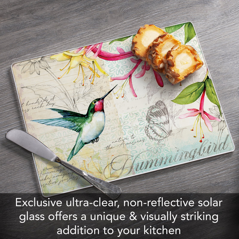 Hummingbird Floral Tempered Glass Rectangular Cutting Board 10" x 8"