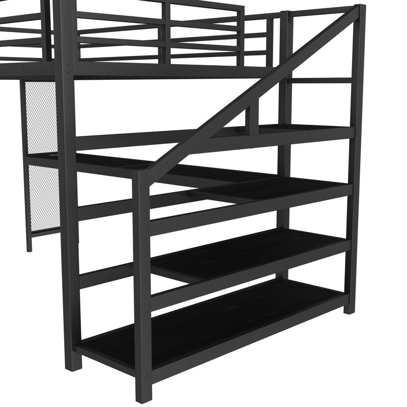 Grand lit mezzanine avec bureau et escalier de rangement, lits mezzanine en métal avec lumières DEL, ports USB, filets en fer multifonctionnels, cadre de lit grand format peu encombrant, noir