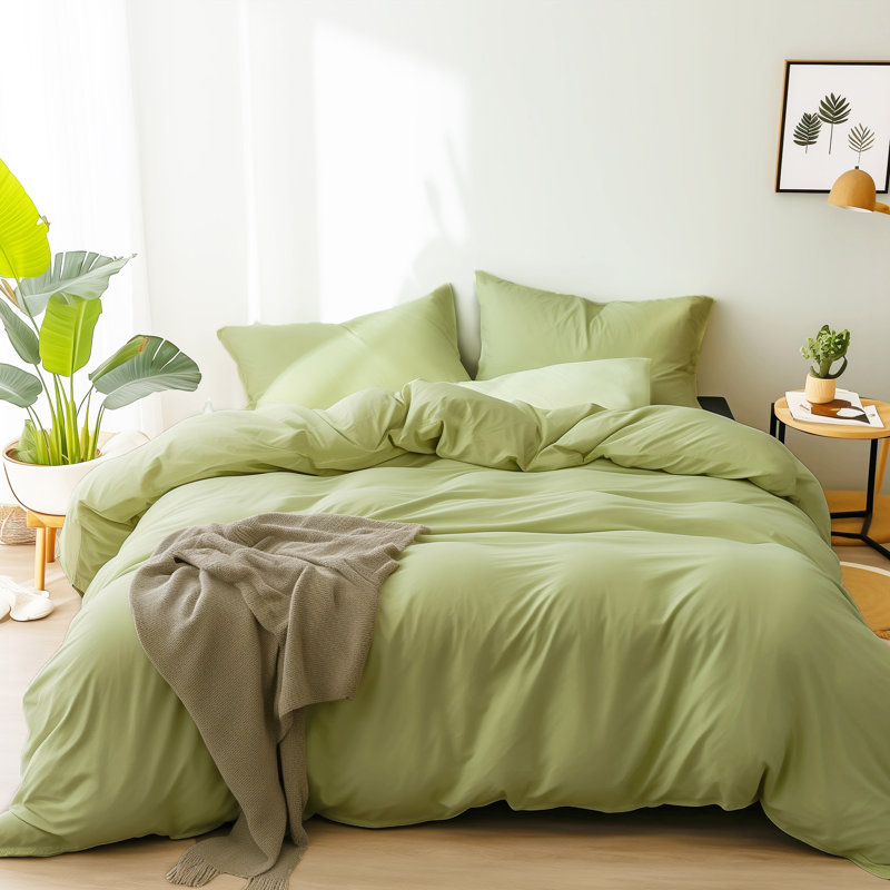 HOME BEDDING Jersey Cotton Duvet Cover Set, King Duvet Cover + 2 King Shams, Lemon Green