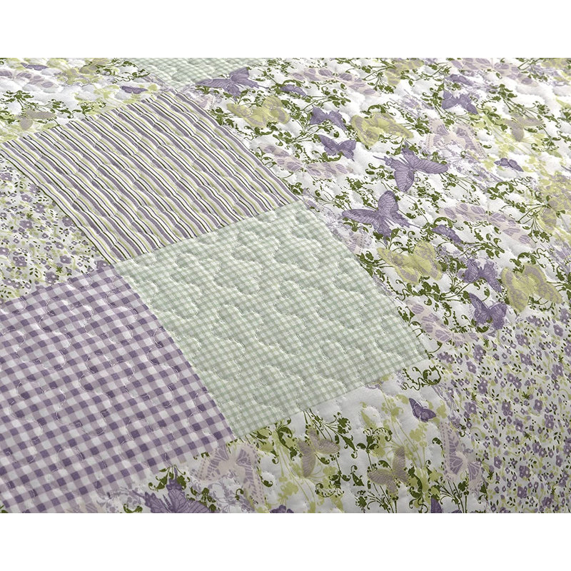 Pre-Washed Purple/Green/White Microfiber Reversible Quilt Set, Queen Quilt + 2 Standard Shams