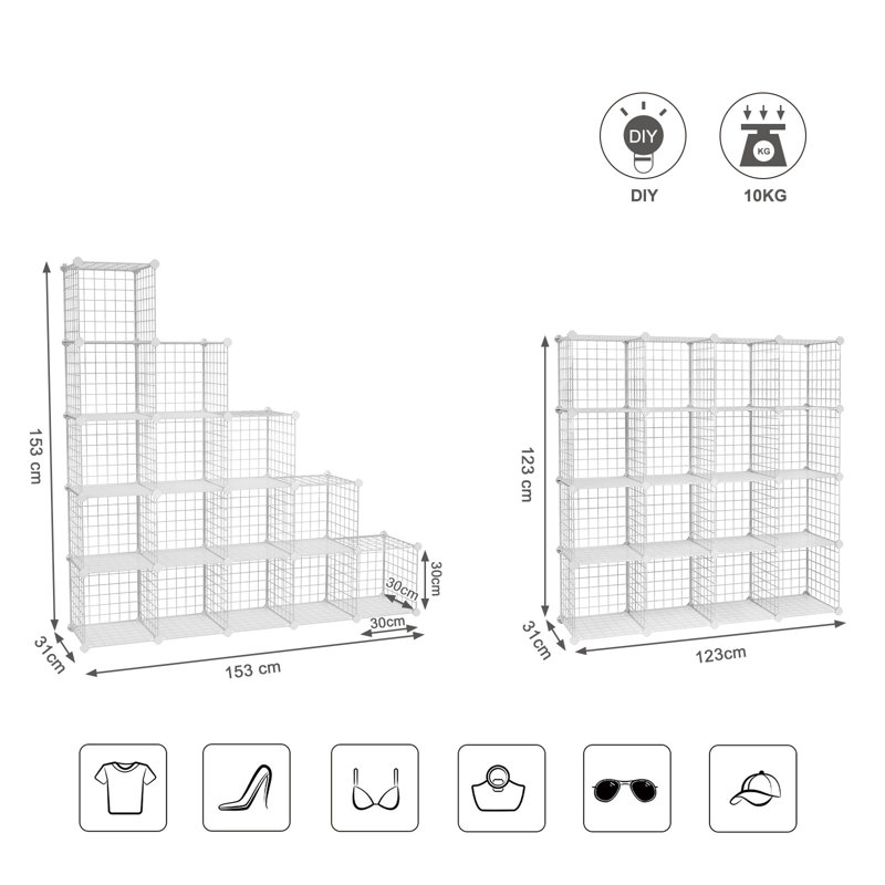 Mccroy Iron Cube Bookcase, White, 123cm H x 123cm W x 31cm D