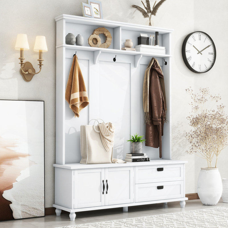 Arbre d'entrée avec armoire de rangement et 2 grands tiroirs, banc de vestiaire avec 5 crochets, Blanc