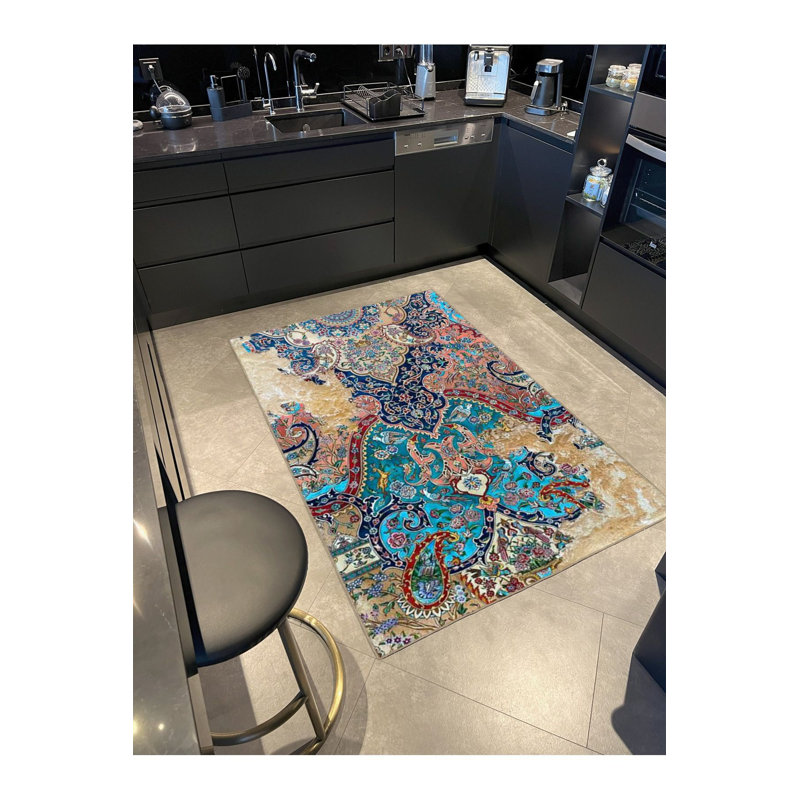 Tapis décoratif moderne bleu et rouge à motif de tuiles lavables à la machine, Tapis de couloir 2 pi 6 po x 9 pi 10 po inclus