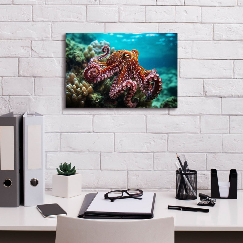 Pieuvre en mer sur toile, H 12 po x l 18 po x P 0,75 po