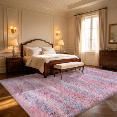 Tapis à poils longs 240 x 300 cm pour salon, motif abstrait rose lavable