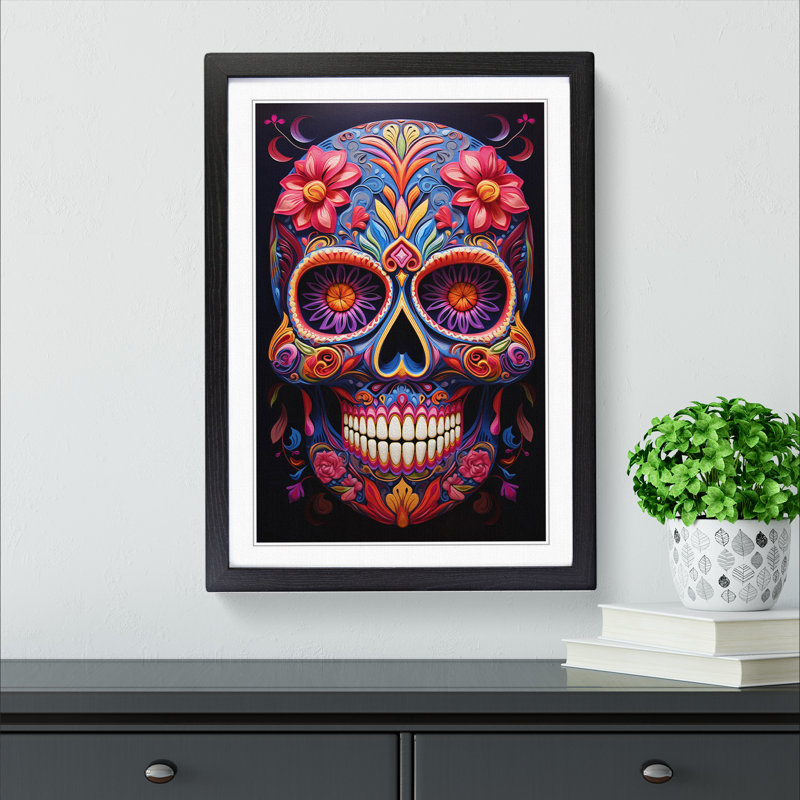 Sugar Skull Hard Edge Painting - Single Picture Frame Print on Wood, Black Framed, 34cm H x 25cm W x 2cm D