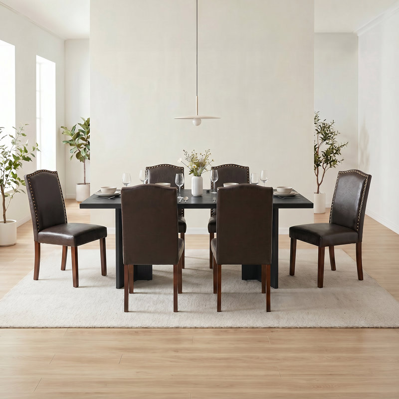 Table de salle à manger rectangulaire en bois Amiin 70 po avec 6 chaises Parsons rembourrées Criselle à dossier solide, Black