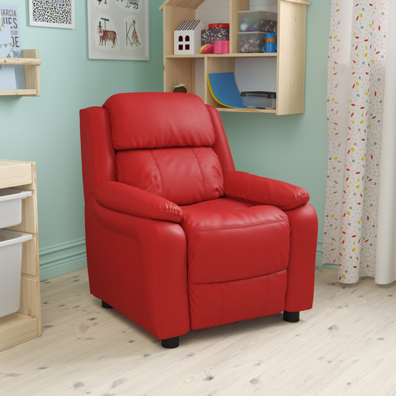 Deluxe Padded Contemporary Kids Recliner with Storage Arms, Vinyl - Red