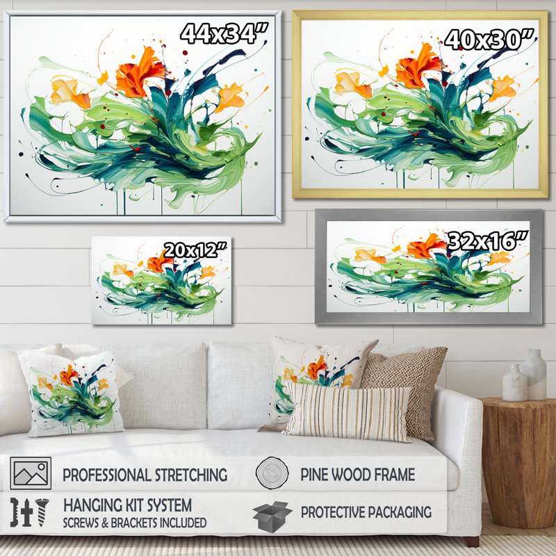 «Green and White Abstract Expression», peinture d'art abstrait IV, Cadre flottant noir, H 16 po x l 32 po x P 1 po