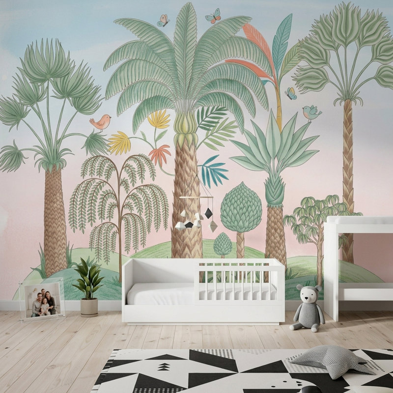 Papier peint paysage tropical avec palmiers, Non tissé, 160 po x 108 po