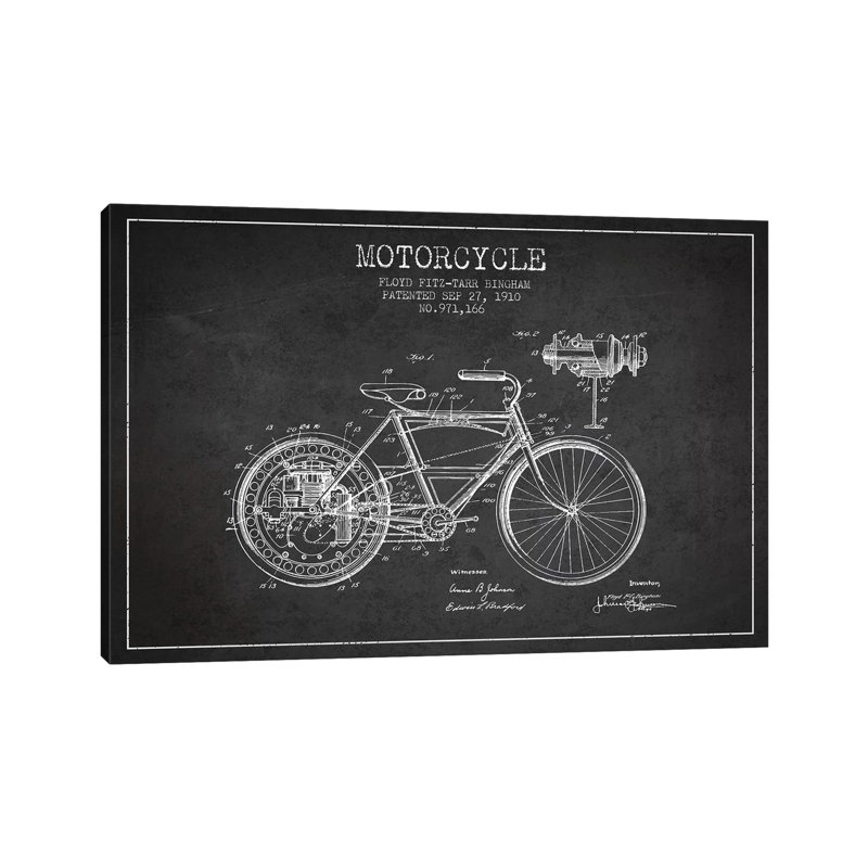 Floyd Bingham Motorcycle Patent Sketch (Charcoal) 1 Piece Wrapped Canvas Wall Art, 101.6 cm H x 66.04 cm W x 1.91 cm D