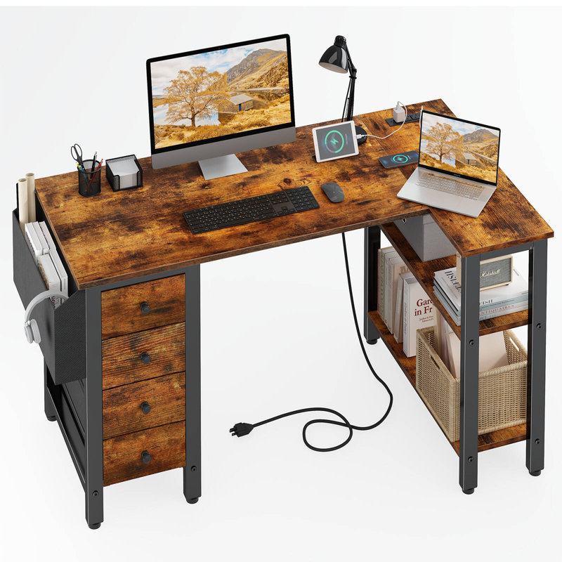 Built-in Outlets L-Shaped Computer Desk with Drawers & Storage Shelves, Brown/Black, 29.5" H x 47.2" W x 26.8" D