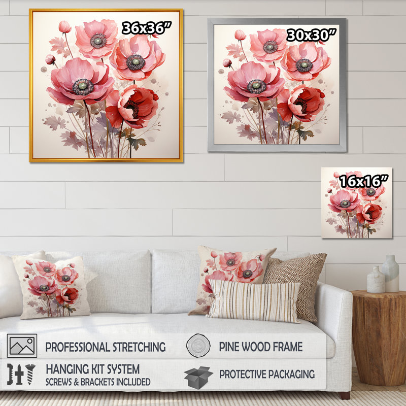 Corail coquelicot - art mural coquelicots, Toile tendue, H 16 po x l 16 po x P 1 po