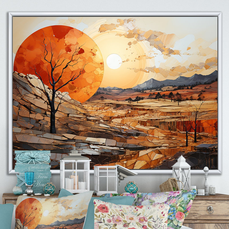 Orange Sunset, paysage abstrait, art mural Meadow - Paysage abstrait, Cadre flottant blanc, H 16 po x l 32 po x P 1 po
