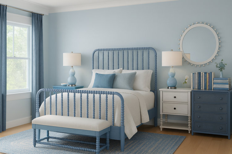 traditional bedroom with French blue walls, bobbin bed frame, area rug, and upholstered bench