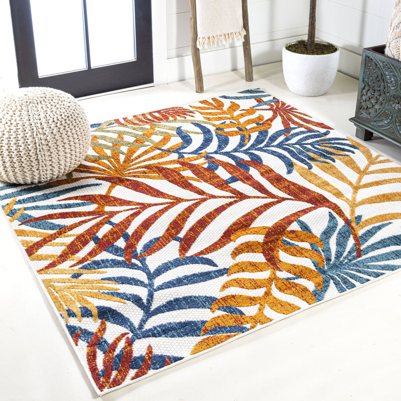 Manor Tropics Palm Leaves Cream/Orange Indoor/Outdoor Rug, Square 5'3"