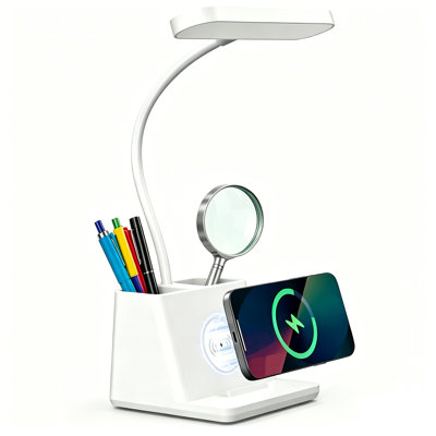 Lampe de table 18 po avec chargeur sans fil rapide pour chambre d'étudiant, lumière de table à DEL réglable pour bureau à domicile, blanc, petit, mignon