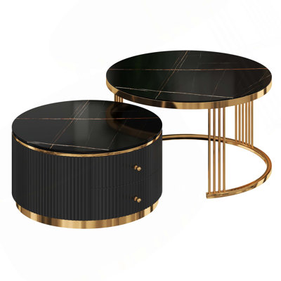 Modern 2 Pieces Round Nesting  Coffee Table With Drawers In 27.6''