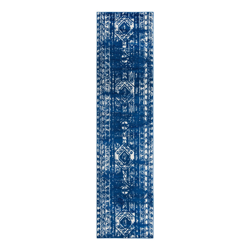 Tapis bleu marine / blanc Gusman Southwestern, Tapis de couloir 3 pi 3 po x 14 pi