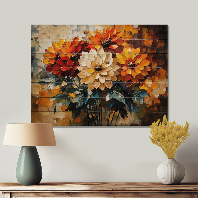Abstrait orange Dahlia Glow V - décoration murale en bois Dahlia - sur bois de pin naturel, H 34 po x l 44 po x P 0,78 po