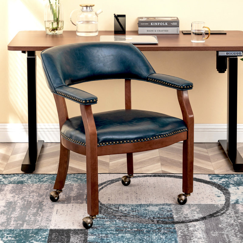Arlex Vegan Leather Dining Chairs with Casters and Arms, Midnight Blue