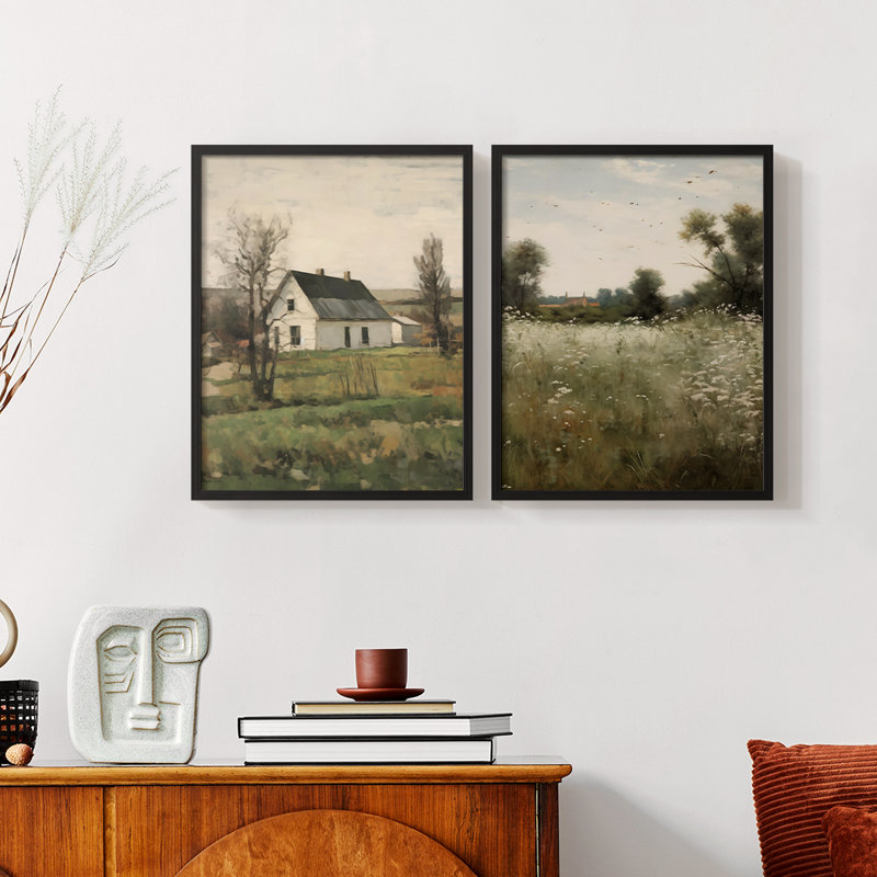 Vintage  Landscape IX  -Framed Giclee Print - Set of 2, 9" H x 22" W, Black