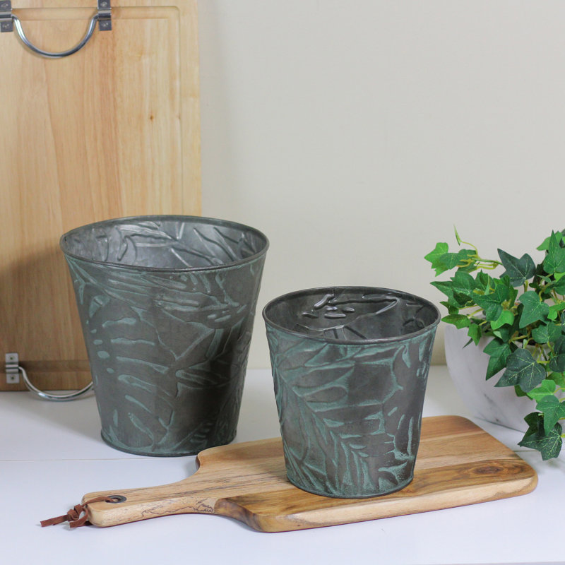 Gray and Green Patina Leaf Metal Outdoor Planter Set