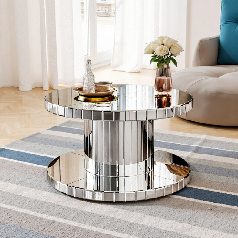 Table basse moderne à deux niveaux avec miroir rond et verre cannelé - Table d'appoint et de canapé de luxe de 31,5 po de diamètre avec salon