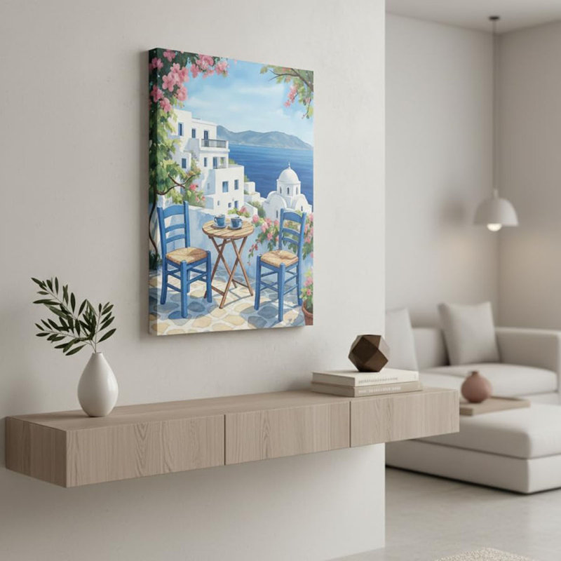 Mediterranean Wall Art Prints - Watercolor Coastal Landscapes of Santorini Greece, Amalfi Coast, Positano & Venice Italy - Aesthetic Summer Travel Decor Posters for Living Room & Bedroom (Greek Coffee, 12x16, Wrapped Canvas)