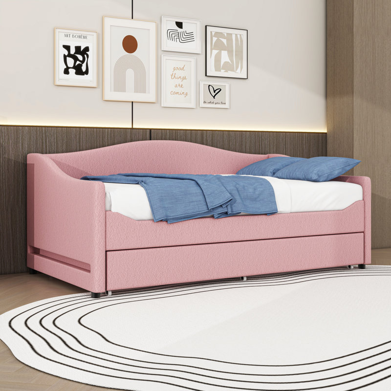 Upholstered Daybed with LED lights and a Twin Size Trundle, Twin, Pink