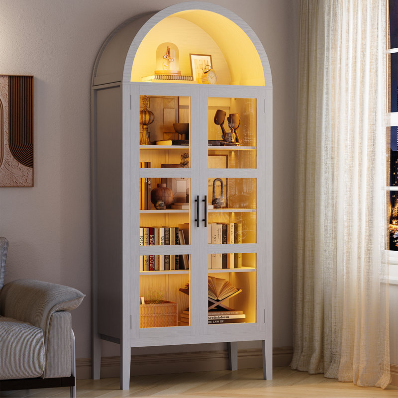 Garde-manger arqué de 70 po de hauteur avec portes en verre trempé et éclairage DEL - Rangement moderne en bois avec tablettes réglables et panneaux latéraux en acrylique - pour la cuisine, la salle à manger et le salon