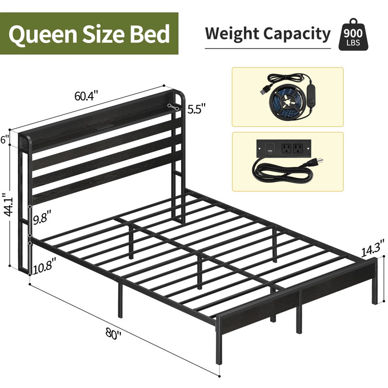 Queen Bed Frame with USB Port&LED ,Standard Queen Size Bed Frame with Headboard,Black, Queen, Black