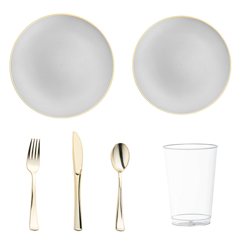 Gray with Gold Organic Round Disposable Plastic Wedding Value Set - 60 Settings