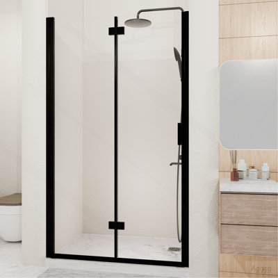 Porte de douche pliante pivotante semi-sans cadre à charnières l 34-35,2 po x H 72 po, verre trempé 1/4 po (6 mm), panneau pliable pour salle de bain, installation réversible, noir mat
