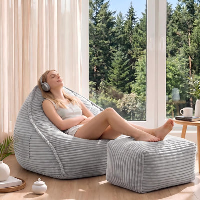 Large Bean Bag Chair Set with Ottoman and Side Pocket for Adults