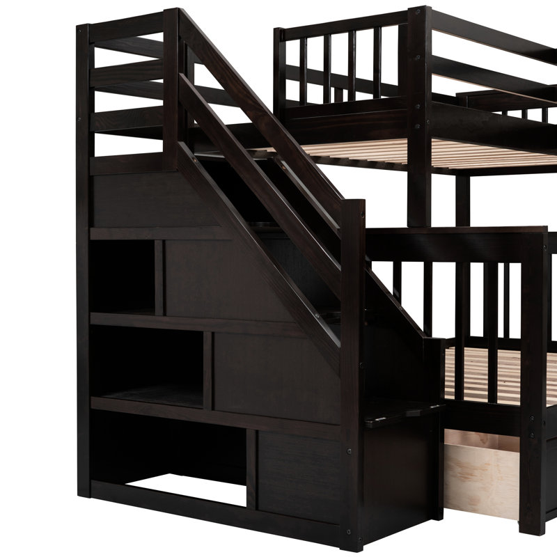 Lit superposé au-dessus d'un lit double, 3 tiroirs, bureau portable, garde-robe - conçu avec tête de lit et lattes pour matelas en forme de L