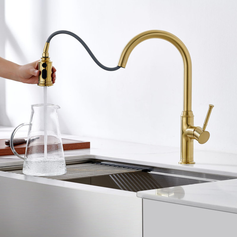 Pull Down Single Handle Kitchen Faucet with Accessories, Brushed Gold