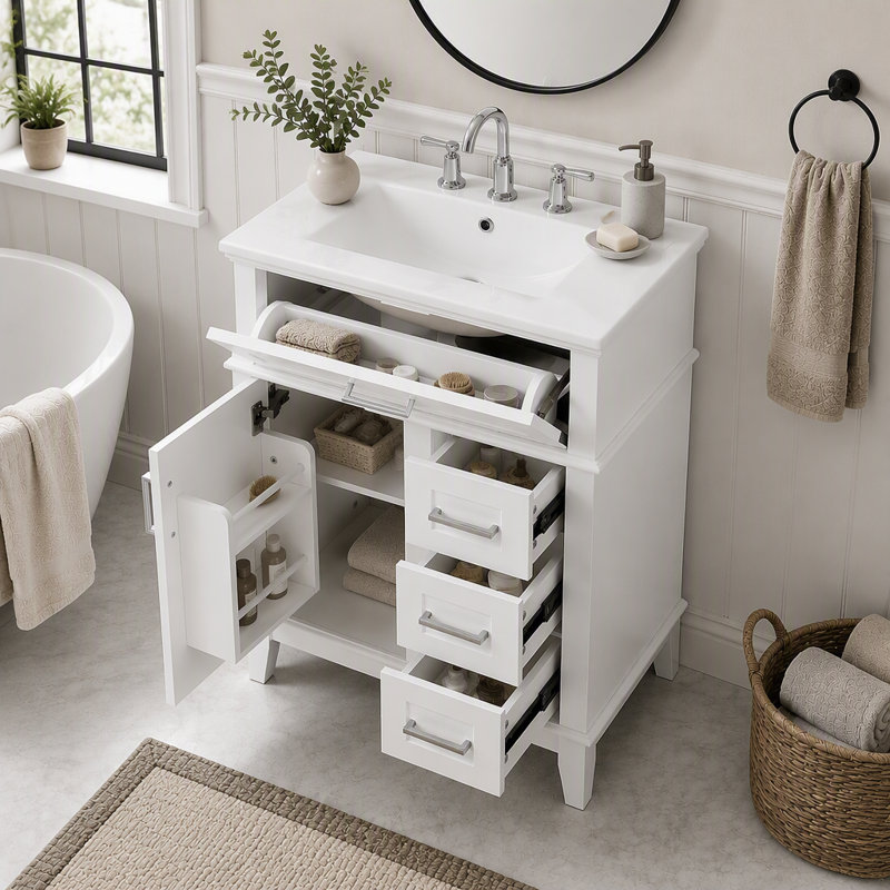 Meuble-lavabo de 61 cm (24 pouces) avec cadre en bois massif et tablette ajustable, White