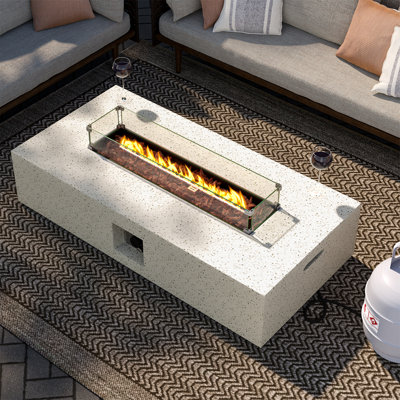 56"W Outdoor Concrete Propane Fire Pit Table With Glass Wind Guard