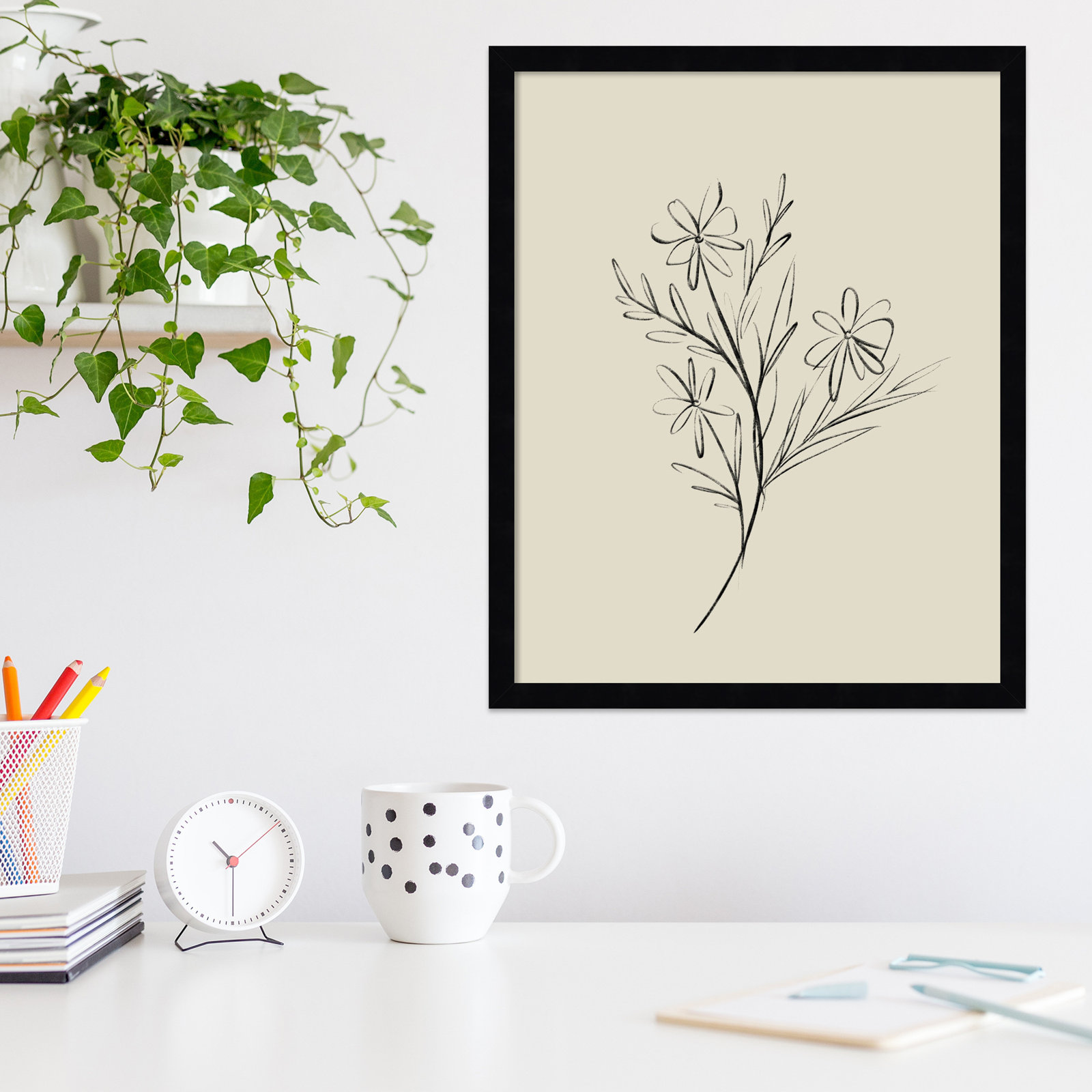 Line Drawn Flowers 1 Print, Black Framed, 17" W x 21" H x 1" D