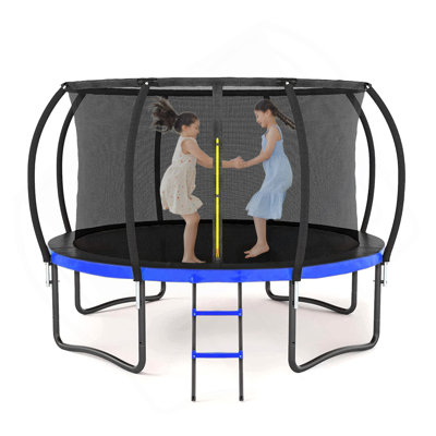 Grand trampoline d'extérieur 12 pi avec filet de sécurité intérieur, échelle, rembourrage en PVC, pour, noir et bleu