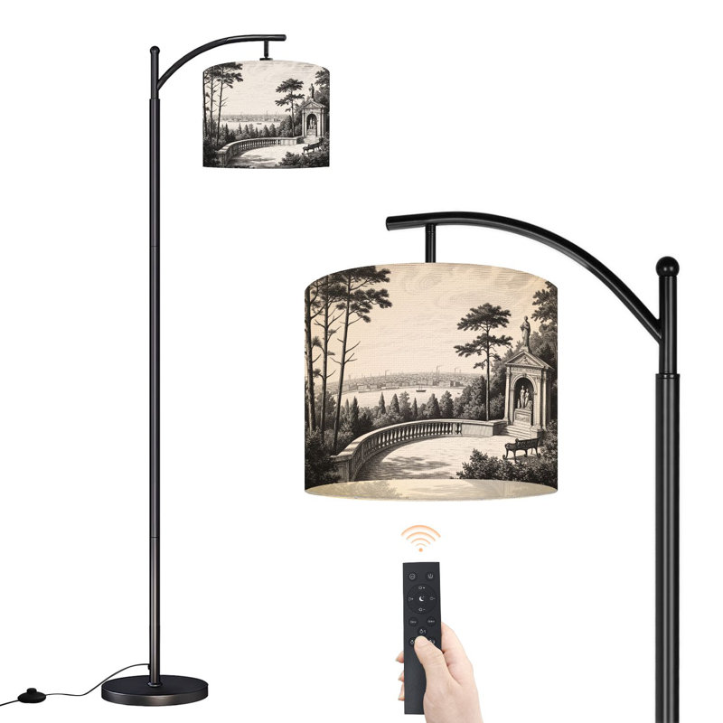 Arc Floor Lamp Serene Park View Statue River Landscape Vintage Engraving Style Floor Lamps with Remote LED Lights Adjustable Lamp Shades Tall Standing Lamps for Reading Office Living Room