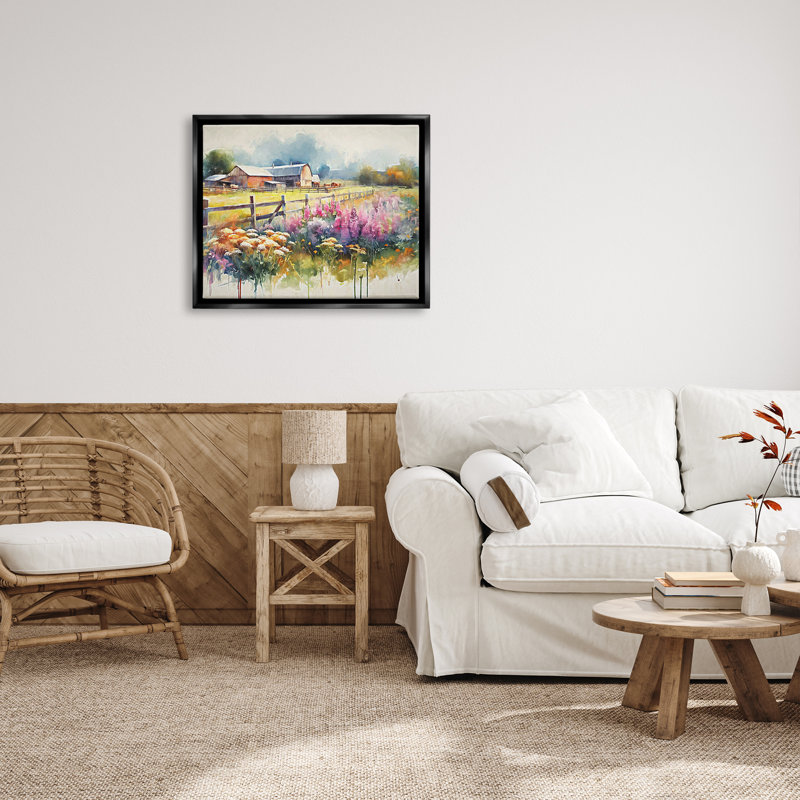 Ba-638-Floater Country Barn, peinture moderne encadrée sur toile par Ramona Murdock, Cadre flottant noir de jais