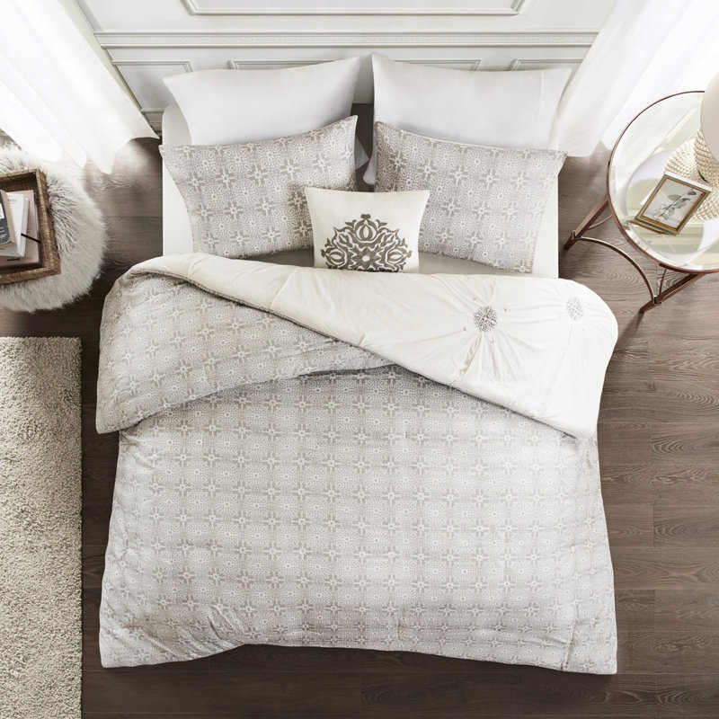 Housse de couette réversible en coton pour lit double / grand lit - 4 pièces, style, motif de broderie et de médaillon, comprend couette, 2 taies décoratives et 1 coussin, tissu lavable à la machine