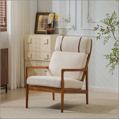 Fauteuil d'appoint Mid-Century moderne, structure en bois massif avec dossier haut, coussins rembourrés, méridienne ergonomique pour salon / chambre à coucher / coin lecture