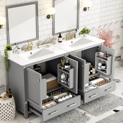 Double Vanity Bathroom Cabinet 60" Grey, Ceramic Sinks & Thoughtful Drawers - Contemporary Look Storage Stylish Centerpiece
