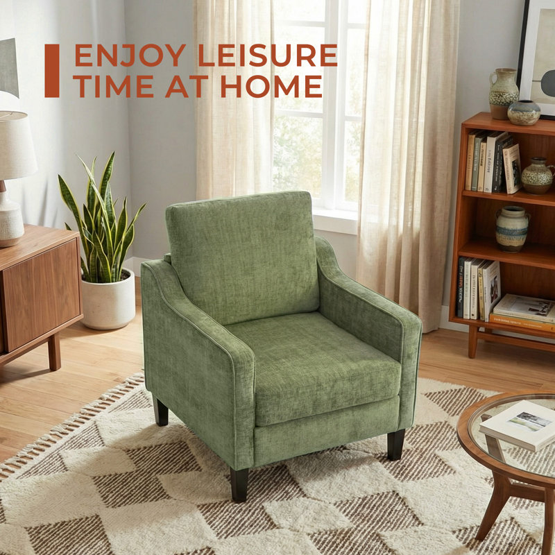 Mid-century Accent Chair, Modern Upholstered Chenille Armchair & Padded Reading Chair, Removable Cover & Wood Legs Living Room chair, Single sofa For small Space/apartment(Green)