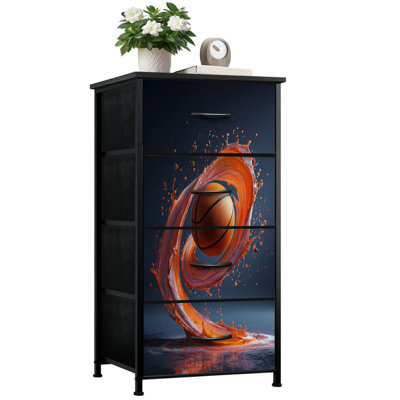 Power Dresser for Bedroom with 4 Storage Drawers Explosive Orange Basketball Dynamic Liquid Motion Dressers Chest of Drawers Steel Framed Fabric Closet Organizers for Dorm Entryway