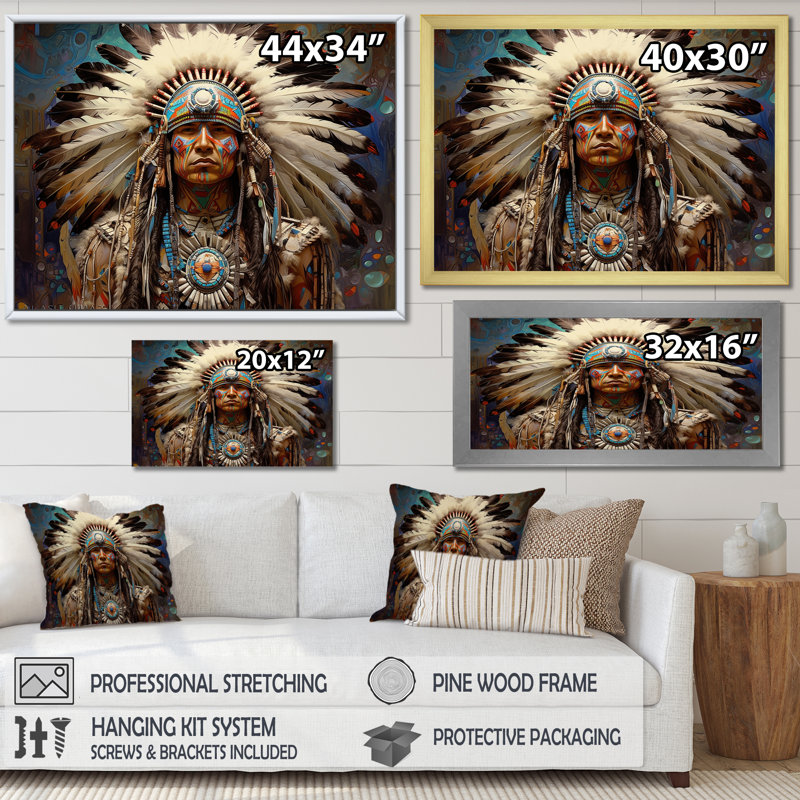 Native Honor Traditional Warrior I - Art amérindien, art mural, H 16 po x l 32 po x P 1 po, Toile tendue