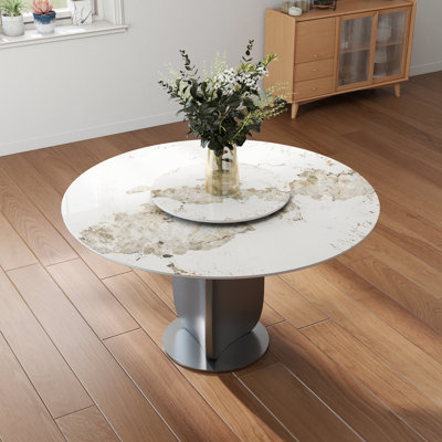 53.14" Modern Round Sintered Stone Dining Table With Lazy Susan